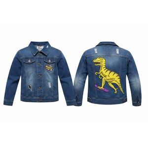 Lola + The Boys Denim Jacket Kids Size 8 Blue Embroidered Patch Distressed Dino